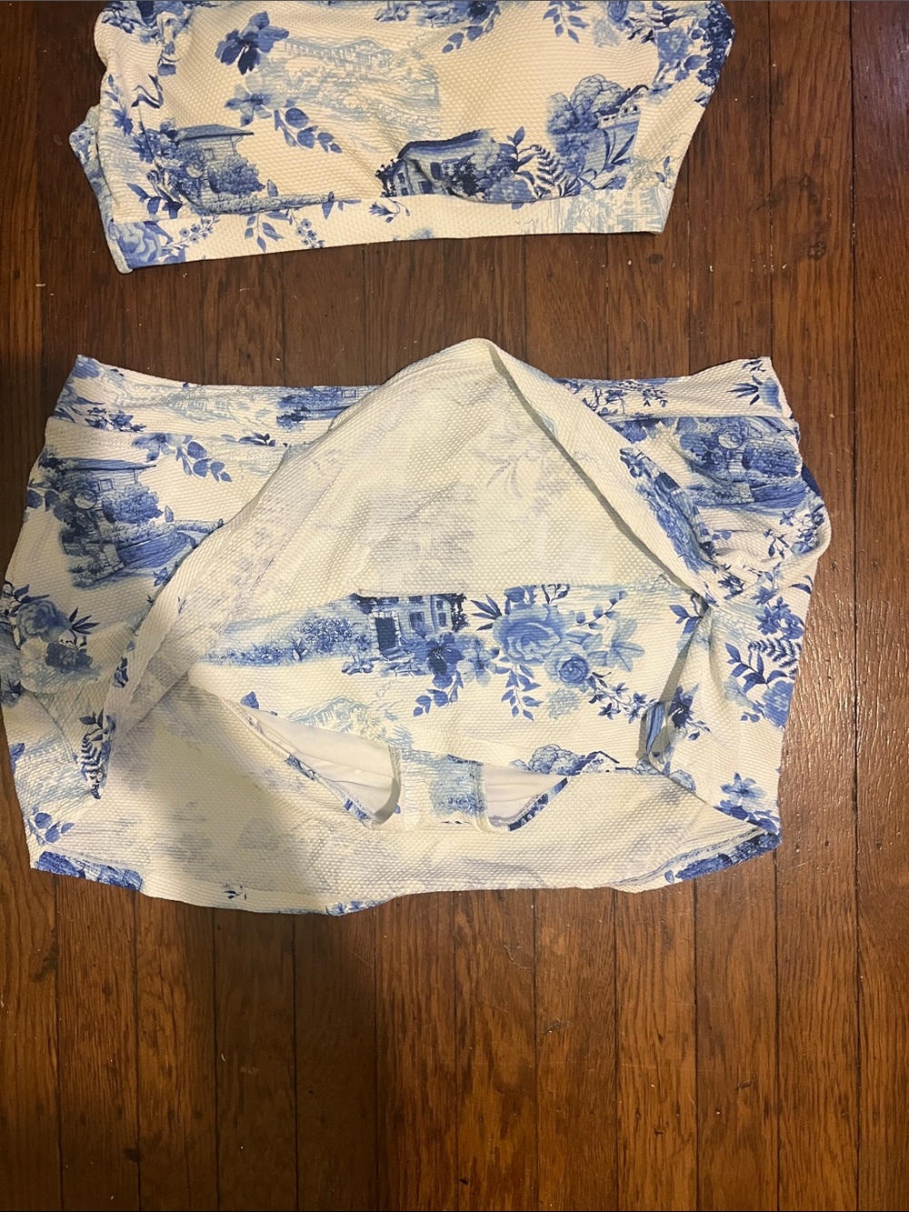 Blue Toile Mini Skirt Set — Women's Two-Piece Skirt & Crop Top - Picture 6 of 12